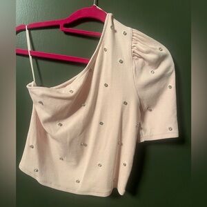 Express Light Pink One-Shoulder Crop Top with Rhinestones